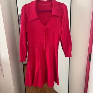 Hot pink Knit Sweater Dress with Tie Front